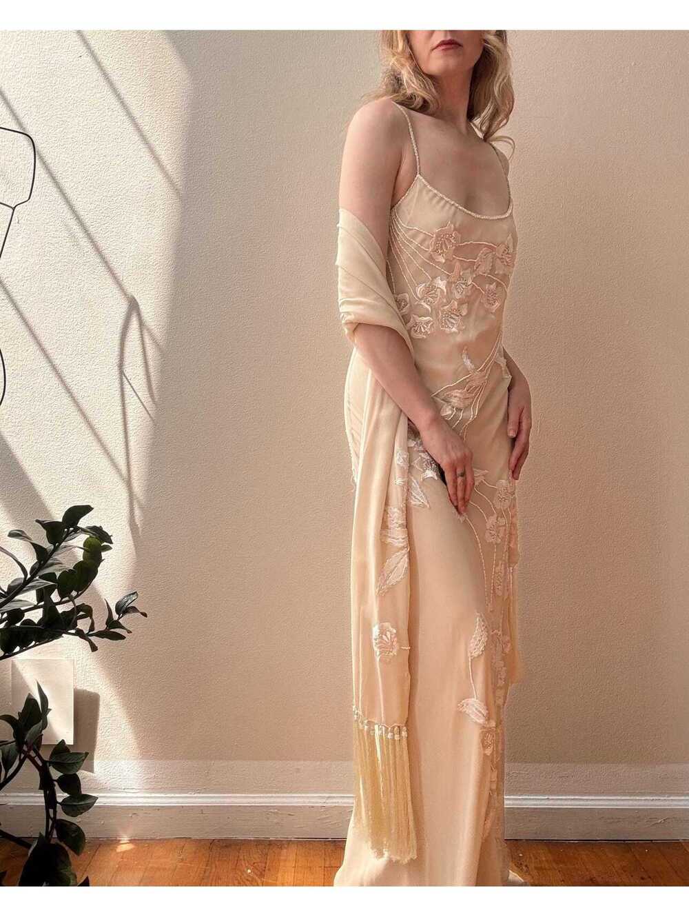 Vintage 1990s Sue Wong Ivory Embroidered Beaded Silk Chiffon Gown - Picture 2 of 9